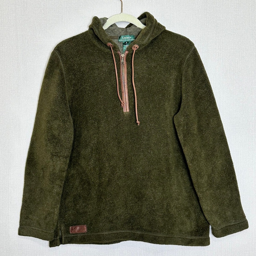 VTG Lauren Ralph Lauren Womens Olive Green Fleece Quarter Zip Hoodie Small